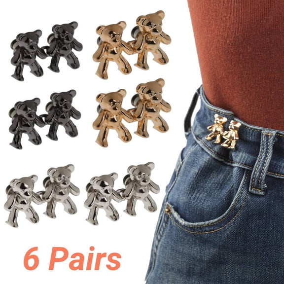 Bear Buttons for Jeans 6 Pairs, Cute Waist Adjuster Clips to Tighten Pants, No-Sew Size Reducer for Women's and Kids' Jeans