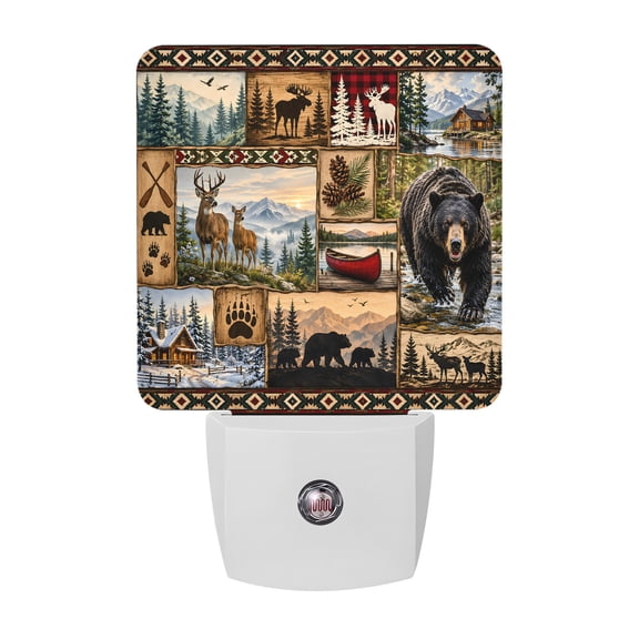 Bear Cabin Checked Night Lights Plug Into Wall, LED Dusk to Dawn Sensor Night Light, Brown Pine Tree Pine Cone Rustic Nightlight for Bedroom Bathroom Living Room Hallway Home Wall Decor