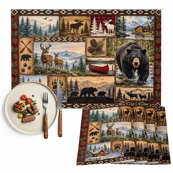 Bear Cabin Checked Placemats Set of 2, Brown Pine Tree Pine Cone Rustic Washable Wipeable Table Mats for Dining Tables, Indoor Outdoor Kitchen Place Mats for Holiday Party Table Decor