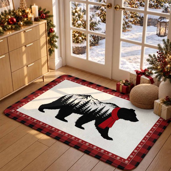 Bear Cabin Christmas Front Door Mat 15.7"x23.6", Non Slip Backing & Low Profile Doormats, Absorbent Muddy Dirt Trapper Door Mats for Front Back Door Entryway All-Weather Xmas Winter Red Plaid