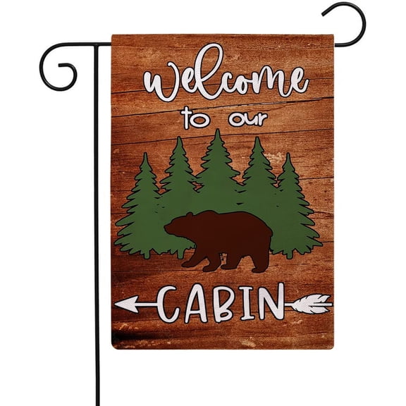 Bear Cabin Garden Flag Double Sided Farmhouse Decorative Small Burlap Flag 12.5 x 18 Inch for Camper and Outdoor Decorations Brown