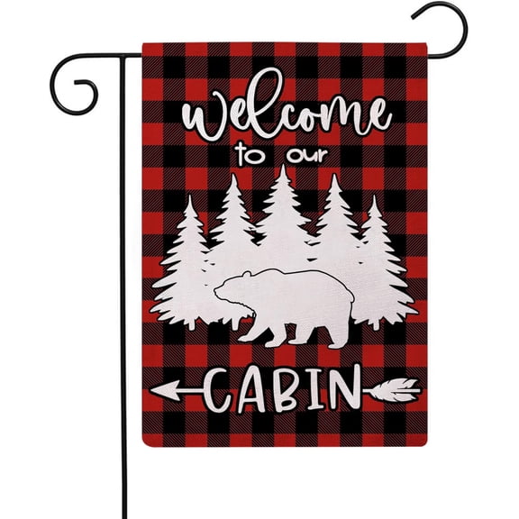 Bear Cabin Garden Flag Welcome to Our Cabin Sign Double Sided Farmhouse Decorative Small Burlap Flags 12.5 x 18 Inch for Cabin/Camper Outdoor Decorations (Red)