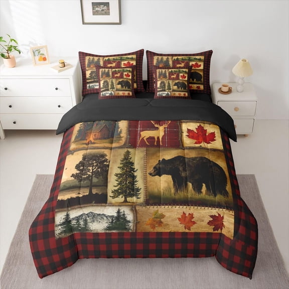 Bear Cabin Plaid 7 Piece Comforter Set Queen,Rustic Farmhouse Bed in a Bag,Retro Hunting Deer Bedding,Country Woodland Pine Tree Quilt Set,Maple Leaf  Fitted Sheet,Red Black Brown