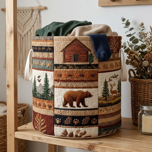 Bear Cabin Quilted Laundry Basket