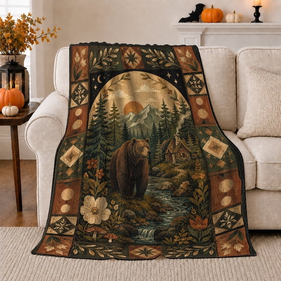 Bear Cabin River Scene, Peaceful Mountain Lake Scene, Warm Flannel Blanket for Cabin and Lodge with Detailed Artwork, Outdoor Lovers Camping Gift, Artistic Home Decor
