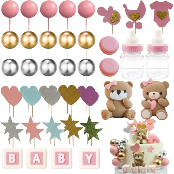 Bear Cake Toppers, Mini 3D Bear Baby Letter Milk Bottle Foam Balls 48 PCS Cake Topper Birthday Party Decoration Boho Mini Gender Reveal(Pink)
