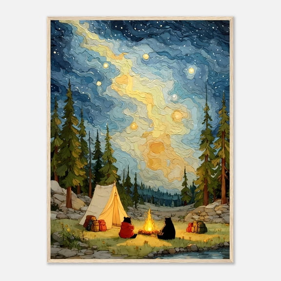Bear Campfire Night Sky Wall Art Print, Unframed Paper Poster 8x10in