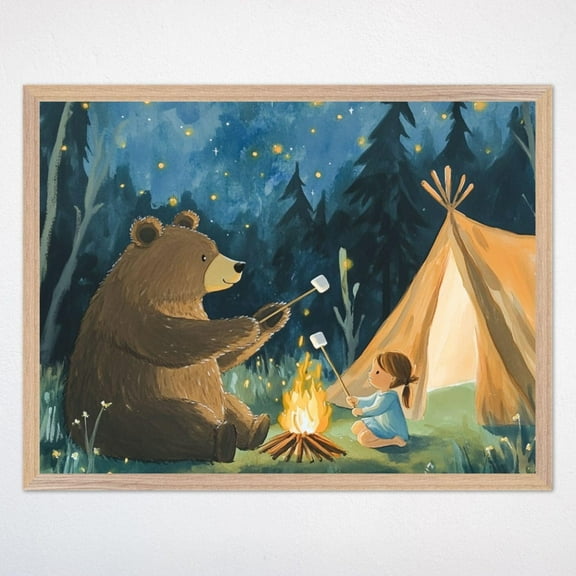 Bear Camping Wall Art, Woodland Nursery Decor, Whimsical Kids, Playful Bear Poster Wall Art, Modern Wall Decor, 8x12 UNFRAMED