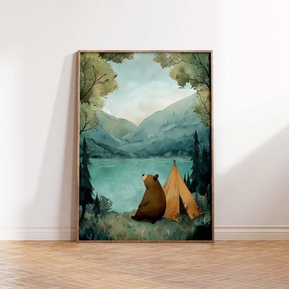 Bear Camping Woodland Adventure Animal Wall Art Print, Curated Nursery Theme For Nursery And Bedroom Decor