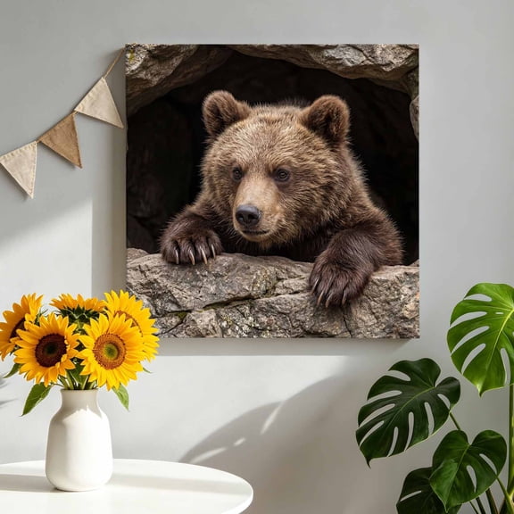 Bear Canvas Wall Art, Country Rustic Natural Forest Rock Cave Wild Animal Pictures Wall Decor Wooden Framed Artwork Art Prints for Living Room Hallway Bedroom Office 8"x8"