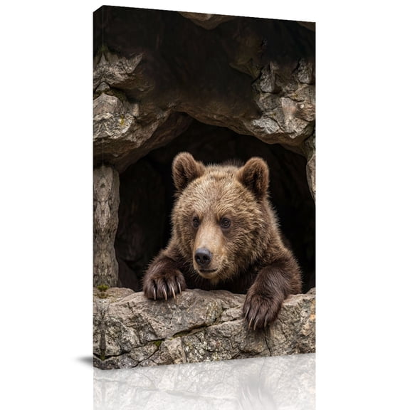 Bear Canvas Wall Art for Living Room, Country Rustic Natural Forest Rock Cave Wild Animal Wall Decor Framed Artwork Pictures Ready to Hang for Bedroom Office Home Decor