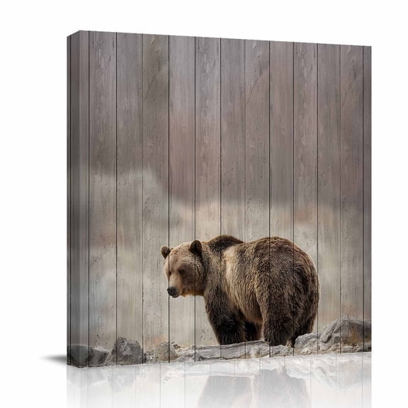 Bear Canvas Wall Art for Living Room, Farmhouse Rustic Animals Wooden Texture Poster Print Painting for Bedroom Office Home Decoration Wall Pictures Prepare To Hang 12"x12"