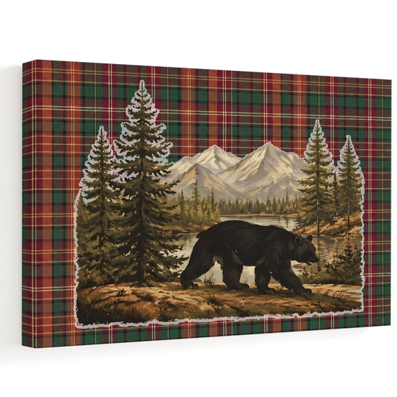 Bear Canvas Wall Art, Rustic Farmhouse Brown Mountain Pine Lake Red Green Plaid Wall Art Prints Artwork Framed Canvas Ready to Hang Art Pictures for Bathroom, Dressing Table, Entryway 12" x 8"