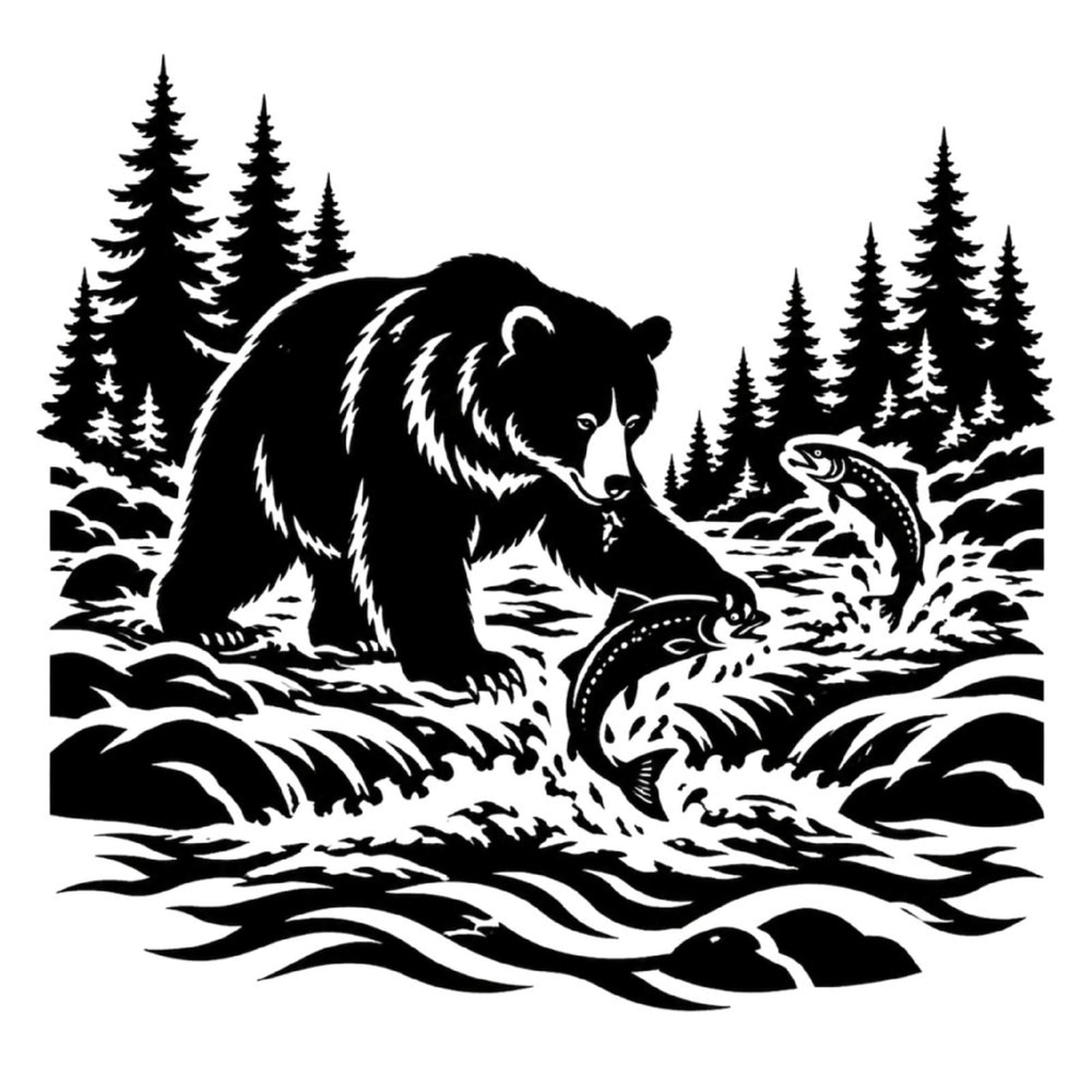 Bear Catching Fish River Metal Wall Art Decor, Black Iron Wall