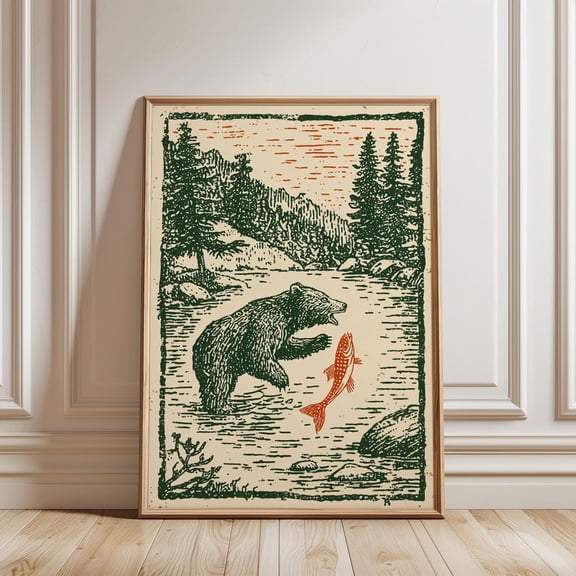 Bear Catching Salmon Japanese Linocut Poster Home Decor Office Wall Art