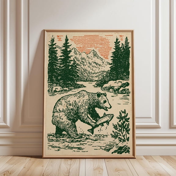 Bear Catching Salmon Japanese Linocut Wildlife Nature Animal Wall Art, Stretched Canvas 8x10in
