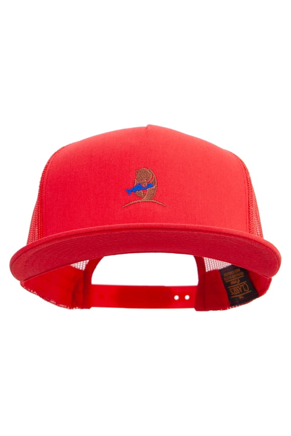 Bear Caught Fish Embroidered 5 Panel Mesh Trucker Snapback Cap - Red OSFM
