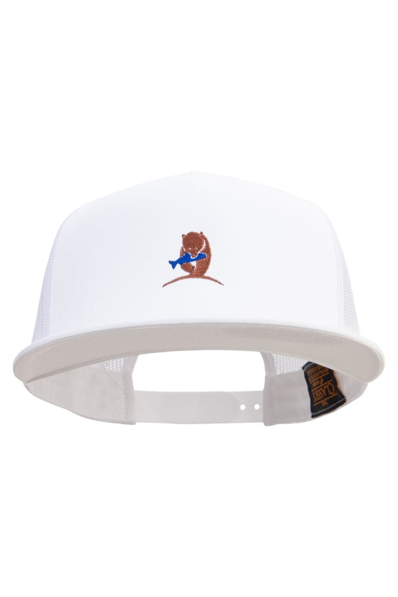 Bear Caught Fish Embroidered 5 Panel Mesh Trucker Snapback Cap - White OSFM