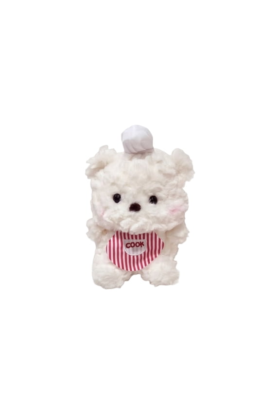 Bear Chef Plush Soft White Stuffed Animal with Cook Hat and Red Striped Apron for Culinary Theme Room Decor