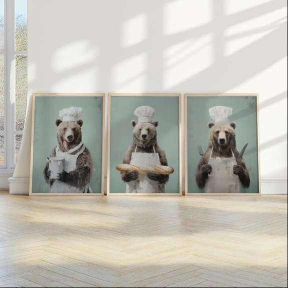 Bear Chef Prints Kitchen Wall Decor Baker Artwork Set 3 Unframed Paper Print 20x30