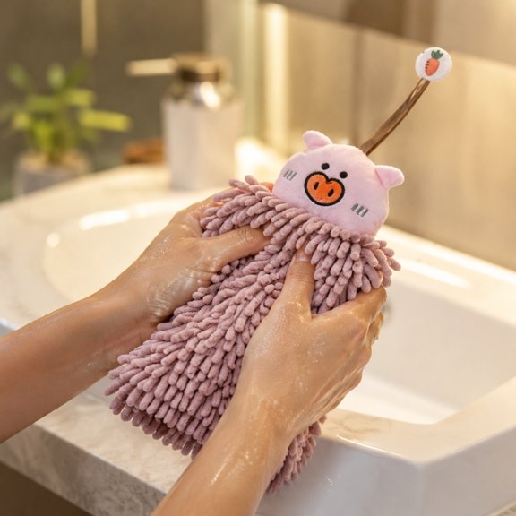 Bear Chenille Ball Hanging Towel,Super Soft Absorbent Fast-Drying Fuzzy Hand Towel,Machine Washable,Cute Fuzzy for Bathroom,Kitchen,Home Decor