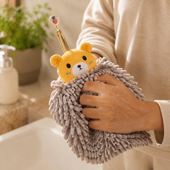 Bear Chenille Ball Hanging Towel,Super Soft Absorbent Fast-Drying Fuzzy Hand Towel,Machine Washable,Cute Fuzzy for Bathroom,Kitchen,Home Decor