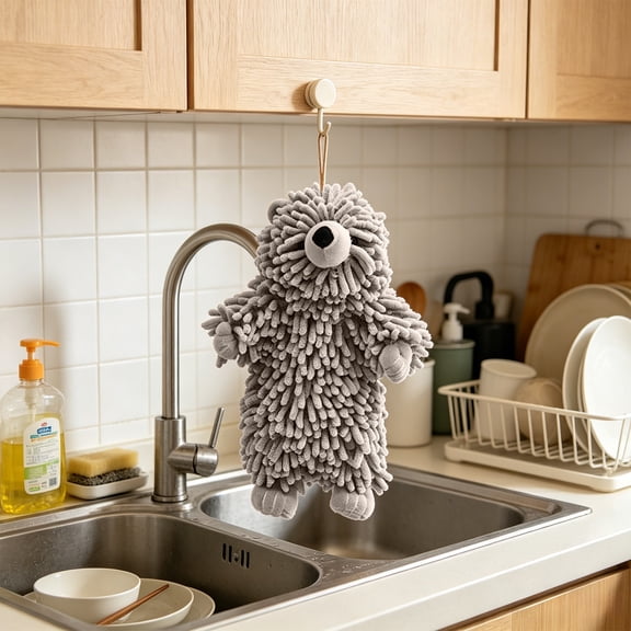 Bear Chenille Hanging Hand Towel, Super Quick Water Absorbent Texture, Lint Free Skin Gentle Washable Halloween Towel, Decorative Loop Towel for Bathroom Sink Use