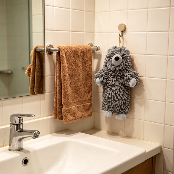 Bear Chenille Hanging Towel,Ultra Soft Absorbent Fast-Drying Fuzzy Hand Towel,Machine Washable,Cute Fuzzy for Bathroom,Kitchen,Home Decor