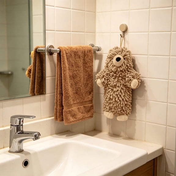 Bear Chenille Hanging Towel,Ultra Soft Absorbent Fast-Drying Fuzzy Hand Towel,Machine Washable,Cute Fuzzy for Bathroom,Kitchen,Home Decor