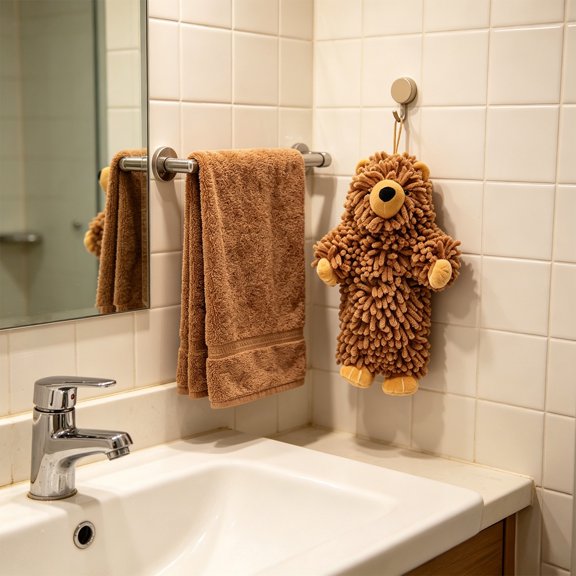 Bear Chenille Hanging Towel,Ultra Soft Absorbent Fast-Drying Fuzzy Hand Towel,Machine Washable,Cute Fuzzy for Bathroom,Kitchen,Home Decor