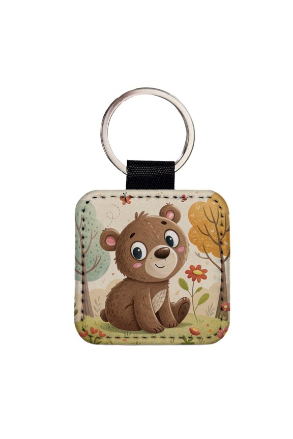 Bear Children's Illustration Style Faux Leather Square Keychain