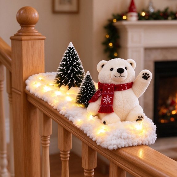 Bear Christmas Stair Garland with LED Lights for Indoor Stair Railings - Snow Decor, Mini Christmas Trees, Artificial Snow, Flexible Straps, Reusable Holiday Decor (white)