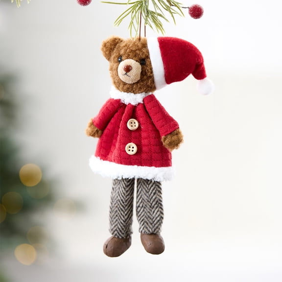 Bear Christmas Tree Pendant, White Beige Brown Plush Ornament, 18x8cm Holiday Hanging Decoration for Home Decor