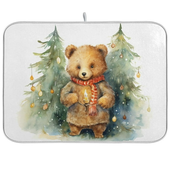 Bear Christmas Trees Scarf Dish Drying Mat Dish Drainer Rack Mats Water Absorbent Non-Slip Easy Clean Heat Resistant for Kitchen Counter