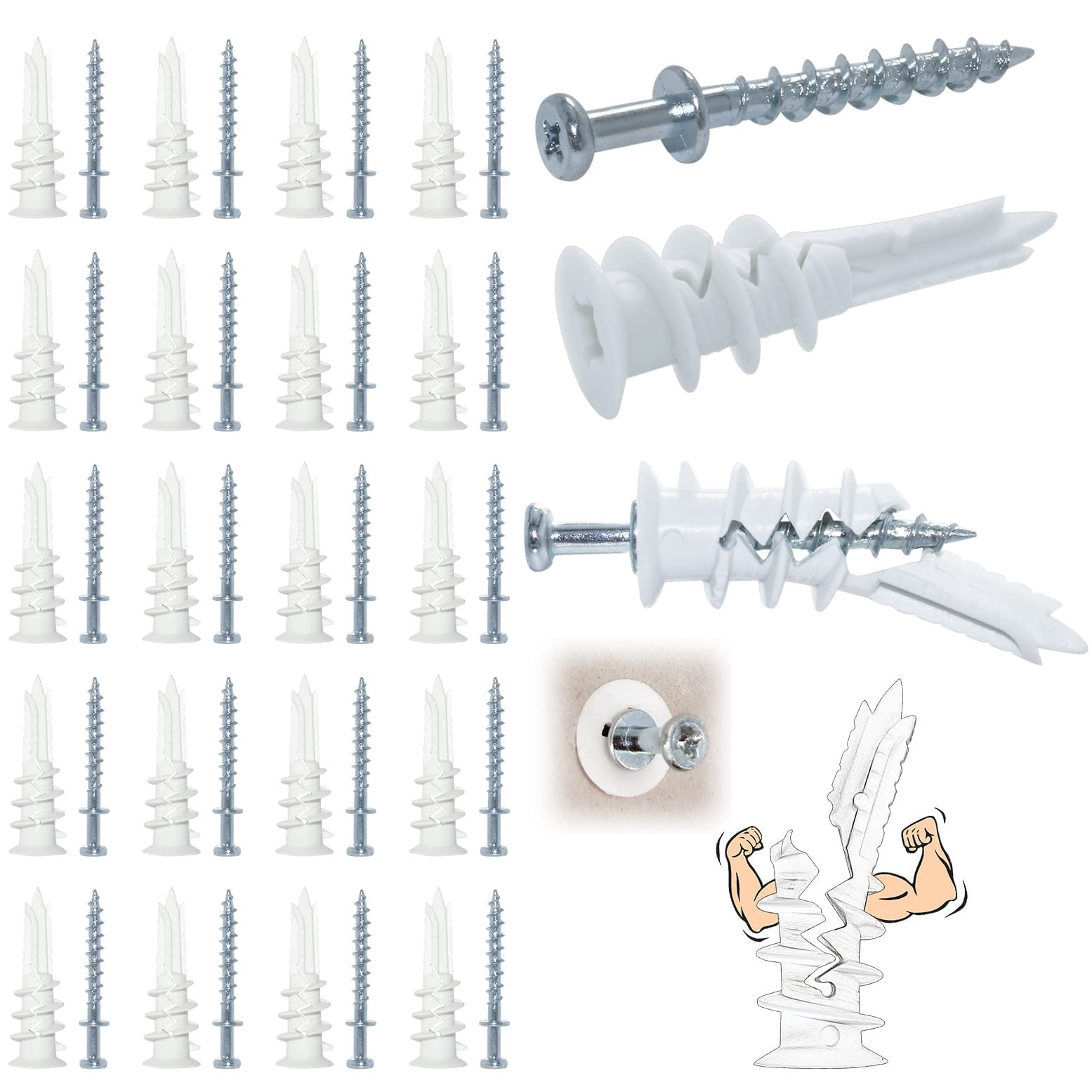 Bear Claw Double Headed Screw & #8 Self Drilling Drywall Anchors, Picture Hangers kit- 25 Bear Claw Screws, 25 Self-Tapping Drywall Anchors (25, Silver)
