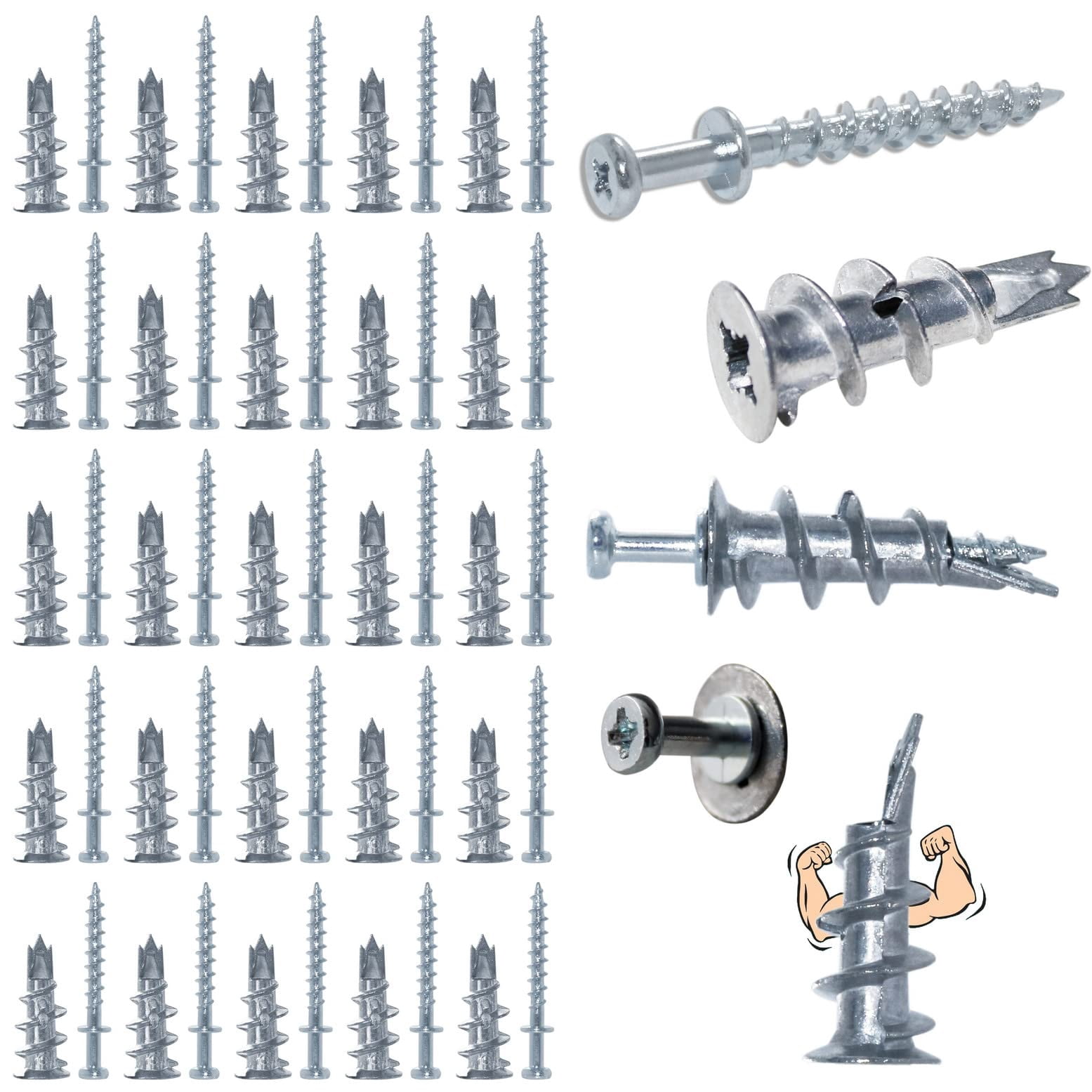 Bear Claw Double Headed Screw & #8 Self Drilling Drywall Anchors, Picture Hangers kit- 25 Bear Claw Screws, 25 Self-Tapping Drywall Anchors (25, Silver)