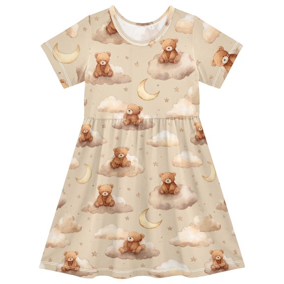 Bear Cloud Star Short Sleeve Dress A-Line Cute Midi Casual Sundress 2-8 Years