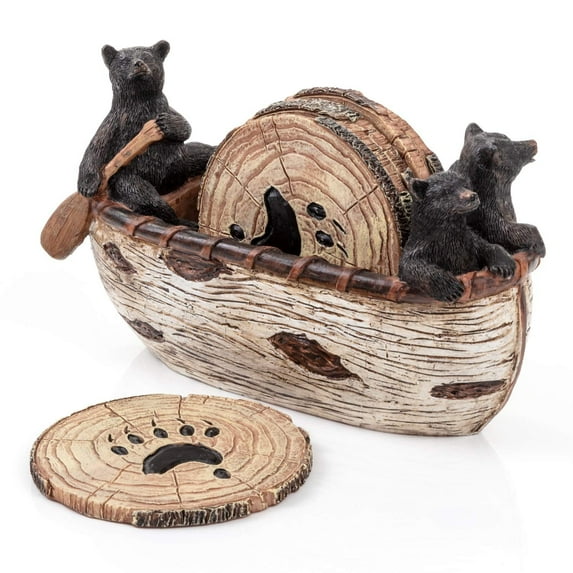 Bear Coasters Set of 6 Full Size Rustic Coasters in Handmade Canoe with Adorable Black Bear Figurines | Black Bear Log Cabin Decorations, Rustic Lodge Decor for The Home