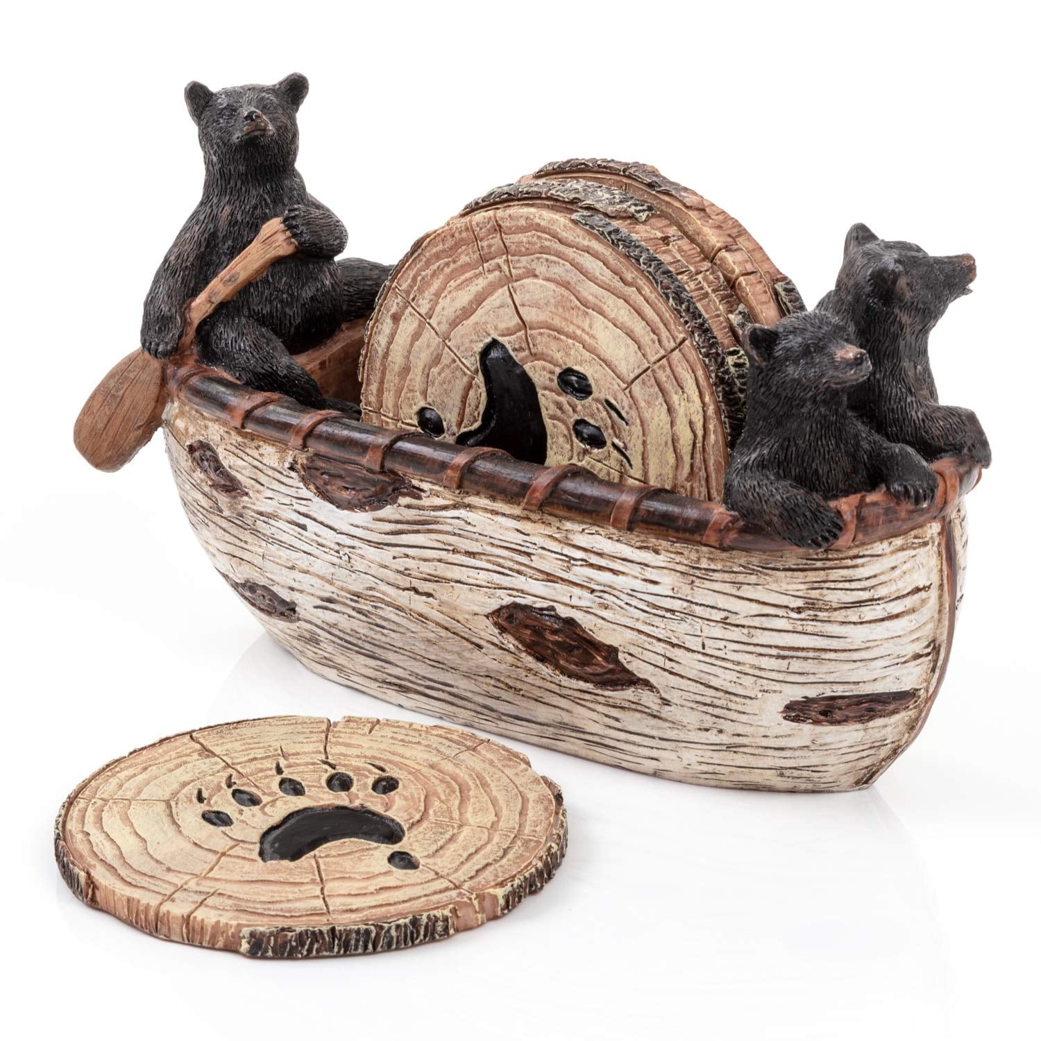 Handcrafted Rustic Bear Canoe Coaster Set with Figurines