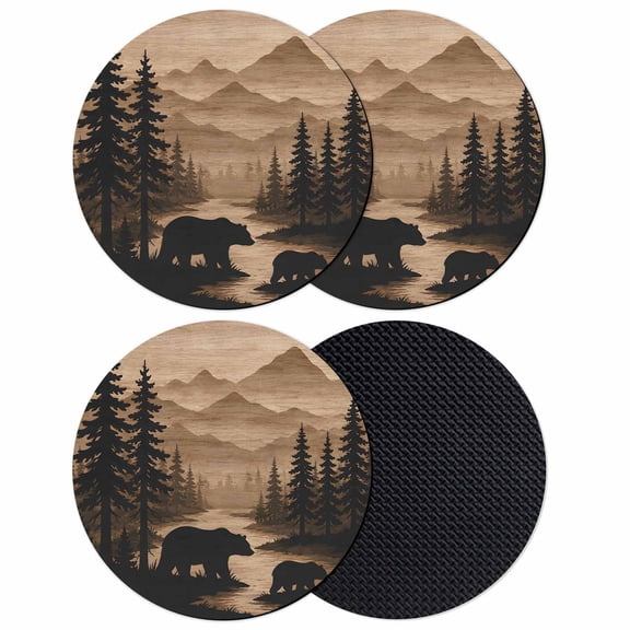Bear Coasters Set of 4, Absorbent Coasters for Drinks, Forest Pine Trees Mountain Black Brown Coaster for Desk Coffee Table Protection, Home Decor House Warming Gifts 4"