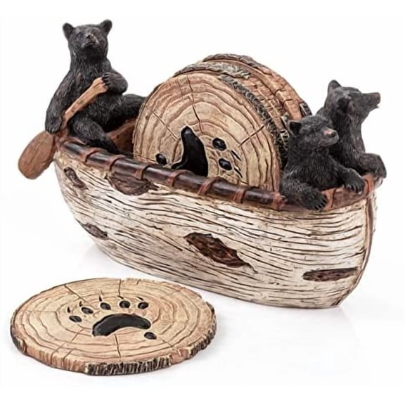 Bear Coasters Set of 6 Full Size Rustic Coasters in Handmade Canoe with Adorable Black Bear Figurines | Black Bear Log Cabin Decorations, Rustic Lodge Decor for The Home