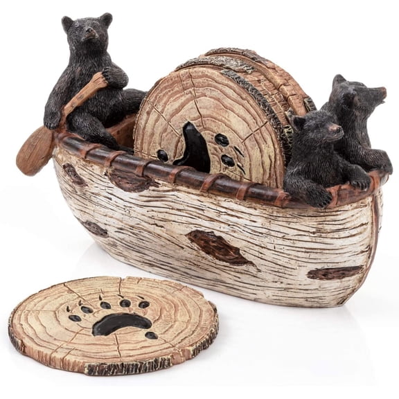 Bear Coasters Set of 6 Full Size Rustic Coasters in Handmade Canoe with Adorable Black Bear Figurines - Log Cabin Decorations, Rustic Lodge Decor for The Home