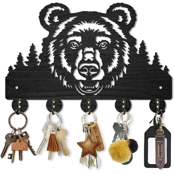 Bear Coat Hooks Wall Mount Forest Animal Tree Wooden Key Holder for Wall 11.8×7.9inch Decorative Key Rack with 5 Alloy Hooks for Gift Hallway Entryway Kitchen Decor