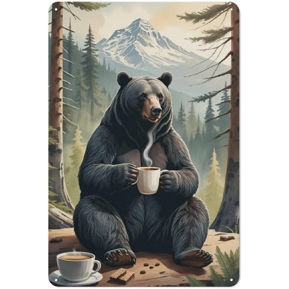 Bear,Coffee,and Wilderness Tin Metal Signs for Rustic Cabin Charm Vintage Tin Sign Wall Decor Art to Add Playful Character And Cozy Atmosphere to Your Lake House 8x12 inch