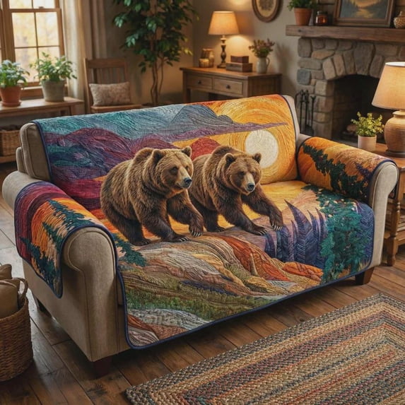 Bear Couch Quilt Sofa Cover, Rustic Cabin Sofa Throw, Wildlife Mountain ...