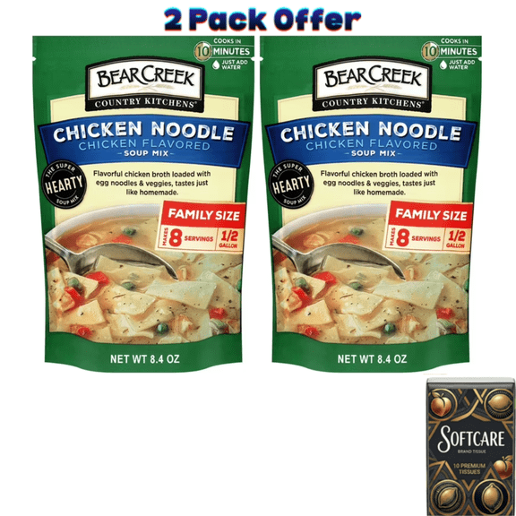 Bear Creek Country Kitchens Chicken Noodle Soup Mix, 8 Servings, Shelf Stable, 8.4oz Pouch ( Includes One Tissue Pack )