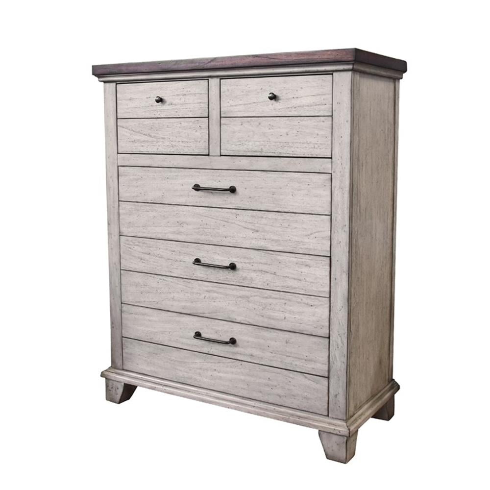 Rustic Ivory Farmhouse Chest with Honey-Stained Top and Deep Drawers