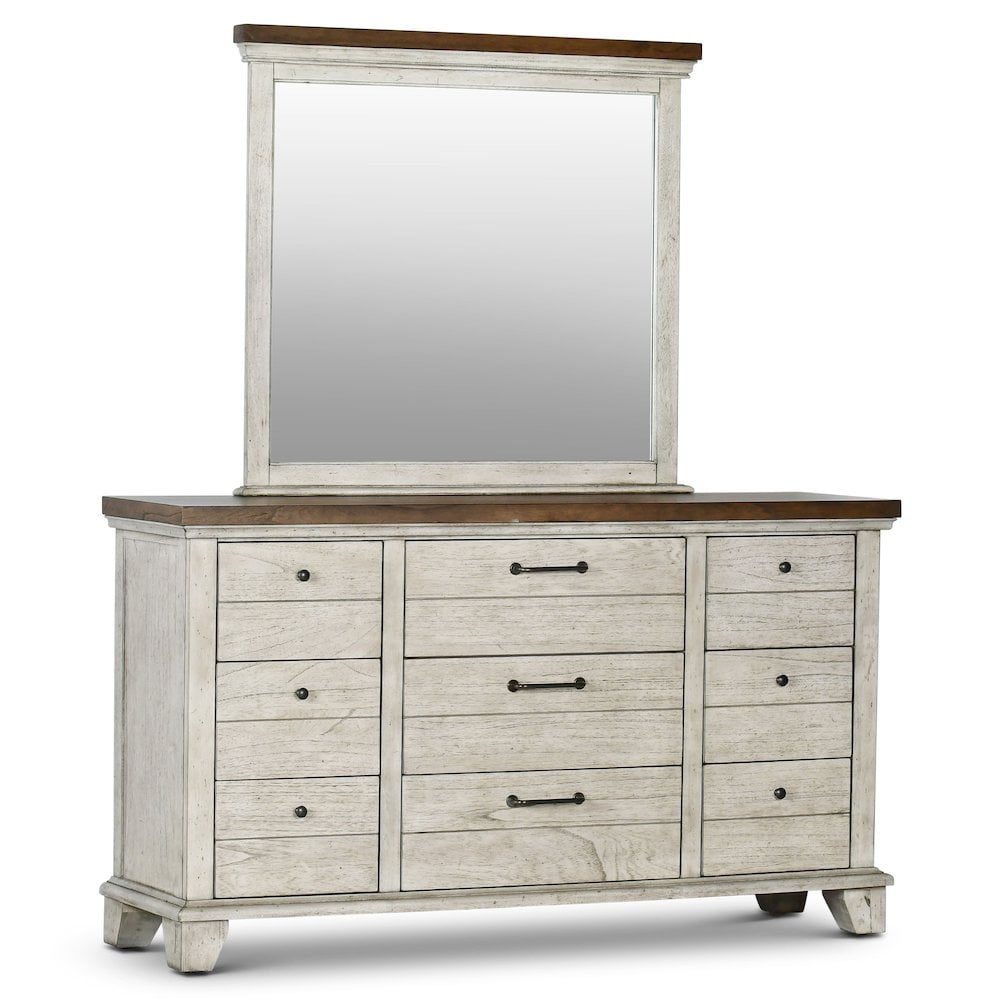 Rustic Ivory and Honey 9-Drawer Dresser with Mirror