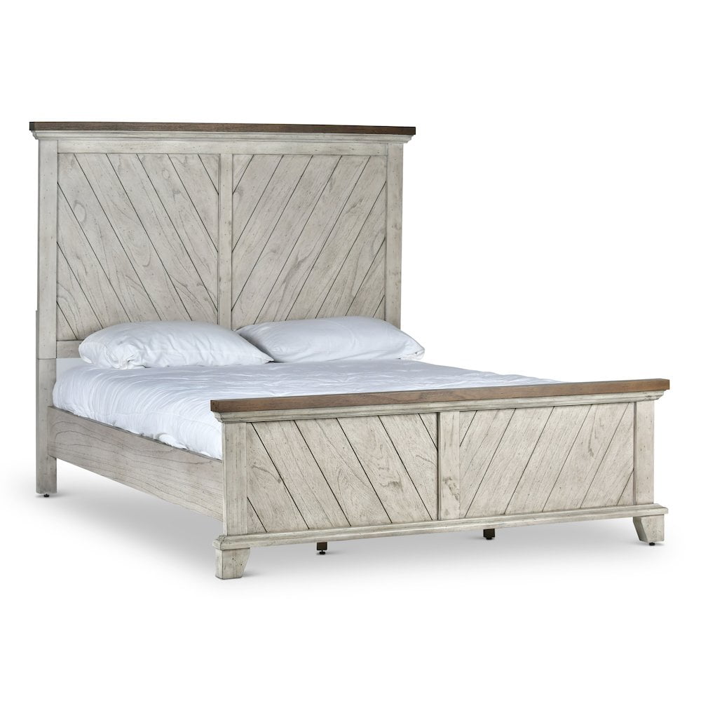 Rustic Ivory and Honey Queen Bed with Chevron Headboard