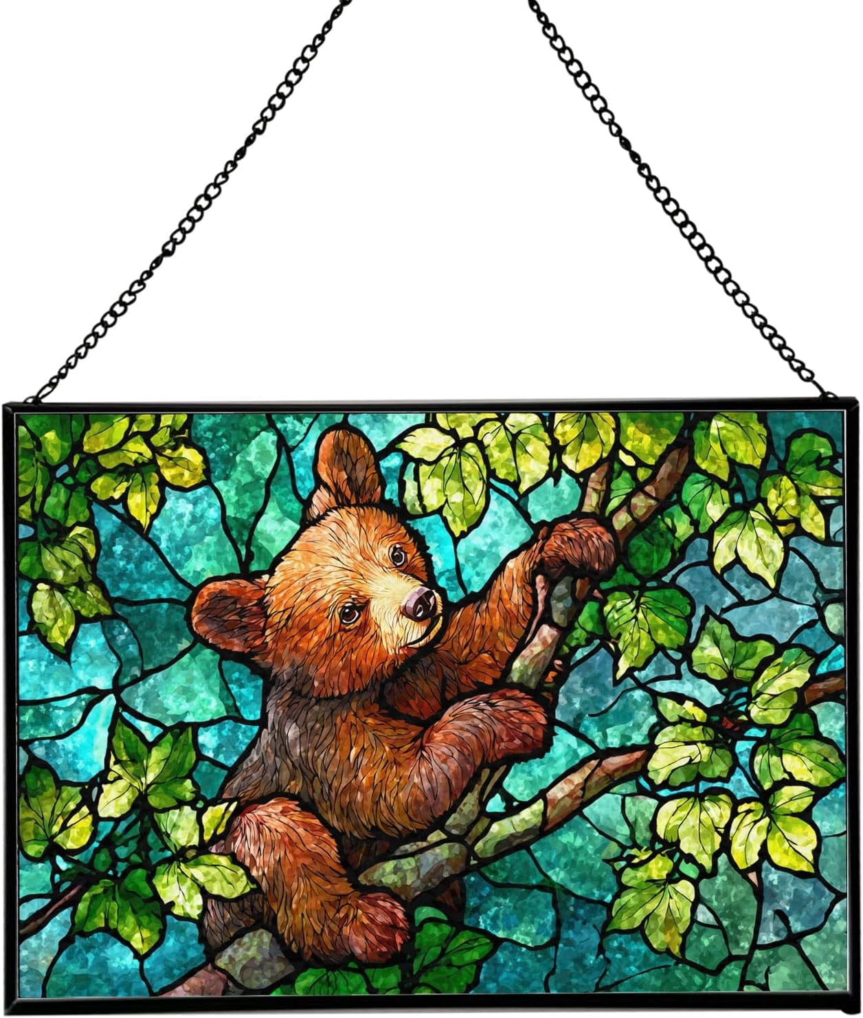 Bear Cub Climbing – Tree Light Stained Glass Suncatcher, Rectangular ...